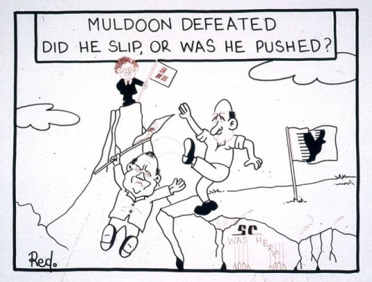 "Muldoon defeated, did he slip, or was he pushed?"